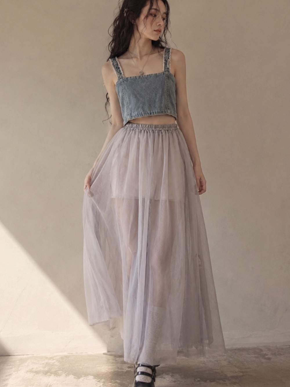 Fairy Grunge Denim Tulle Maxi Dress Coquette Festival Layered Mesh